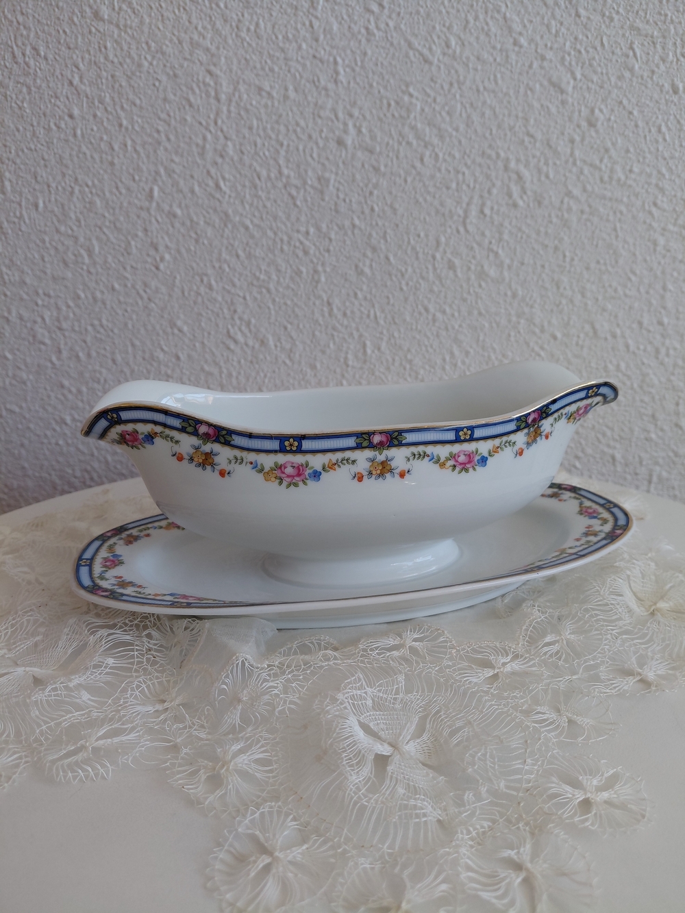 TK Thuny Czechoslovakia Gravy Boat With Attached  Plate Carlton Pattern